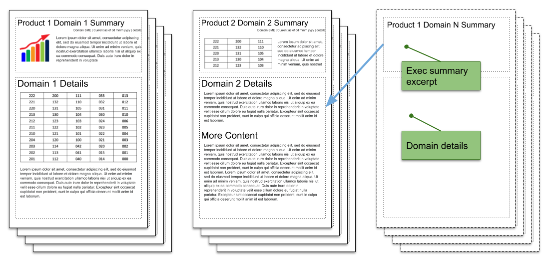 Diagram: summary documents for each domain, with an executive summary excerpt from each feeding a product summary