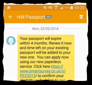 Screenshot of an SMS from HM Passport saying your passport will expire within 4 months and linking to www.smartsurvey.co.uk