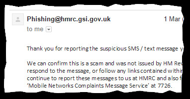 Screenshot of an email from Phishing@hmrc.gsi.gov.uk confirming the reported text message is a scam