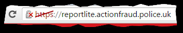 Browser address bar showing a certificate warning on https://reportlite.actionfraud.police.uk