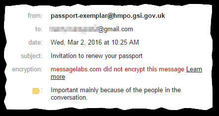 Screenshot of email headers from passport-exemplar@hmpo.gsi.gov.uk, subject Invitation to renew your passport, noting the message was not encrypted