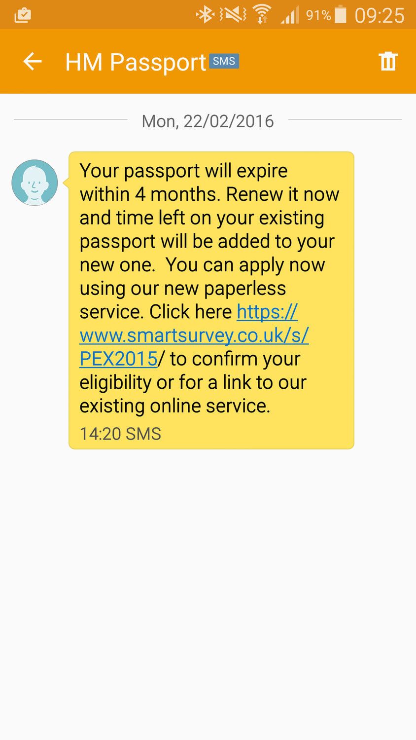 Screenshot of an SMS from HM Passport saying your passport will expire within 4 months, with a link to www.smartsurvey.co.uk